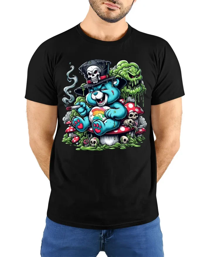 Trippy Bear Skull T-Shirt Psychedelic Dark Humor - model wearing black shirt, hands behind back