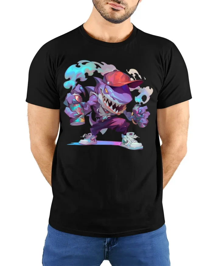 Street Shark Graffiti T-Shirt Urban Cartoon Style Tee - model wearing black shirt, hands behind back