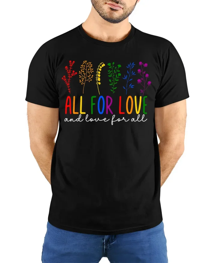 All For Love T-Shirt LGBTQ Pride Rainbow Floral - model wearing black shirt, hands behind back