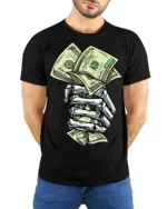 Skeleton Hand Money T-Shirt Street Hustle Graphic Tee - model wearing black shirt, hands behind back