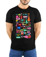 Colorful Music Instruments T-Shirt Fun Retro Music - model wearing black shirt, hands behind back