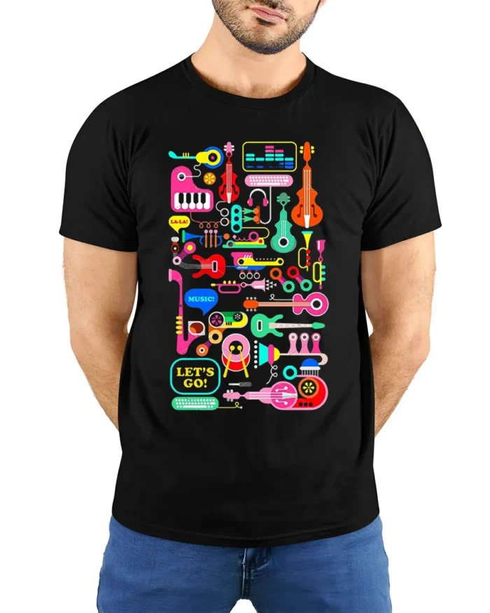 Colorful Music Instruments T-Shirt Fun Retro Music - model wearing black shirt, hands behind back