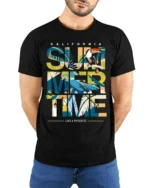 California Summertime T-Shirt Tropical Beach Paradise - model wearing black shirt, hands behind back