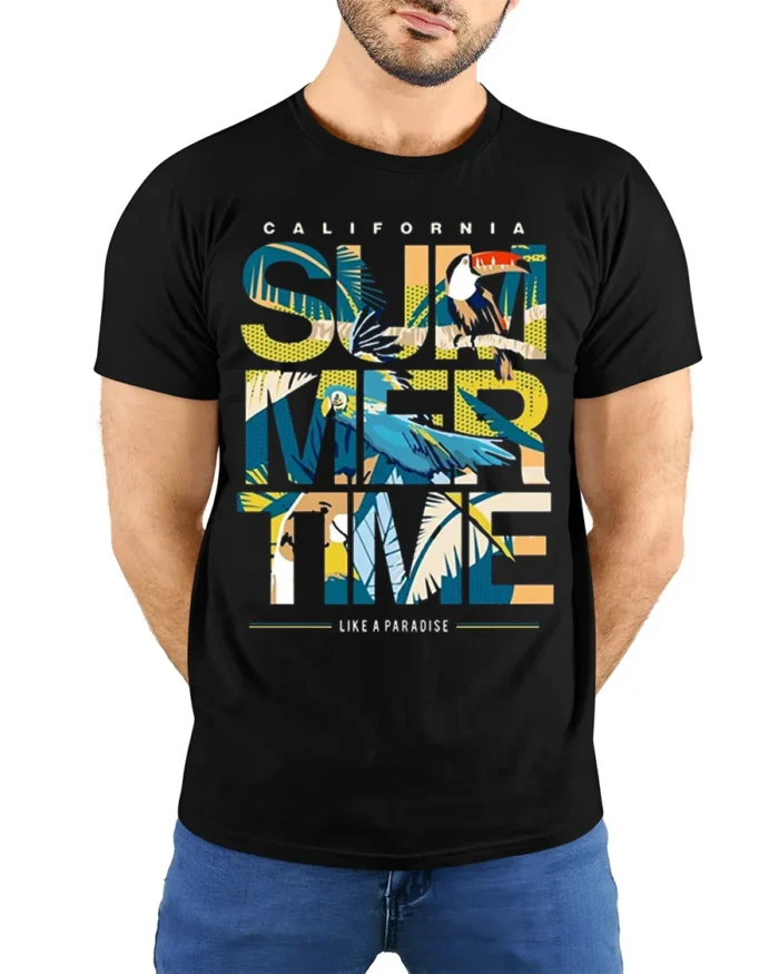 California Summertime T-Shirt Tropical Beach Paradise - model wearing black shirt, hands behind back