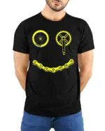 Smiley Bike Face T-Shirt Funny Cycling Chain Graphic - model wearing black shirt, hands behind back
