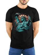 Statue of Liberty T-Shirt Bold American Freedom Graphic - model wearing black shirt, hands behind back