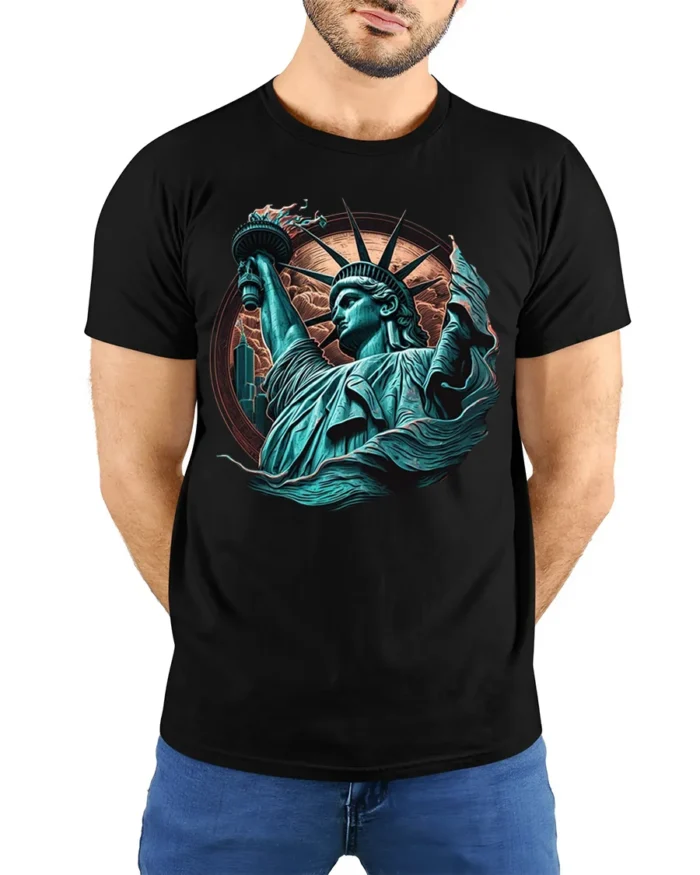 Statue of Liberty T-Shirt Bold American Freedom Graphic - model wearing black shirt, hands behind back