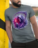 Grim Reaper Flame Skull T-Shirt Gothic Horror Tee Art - model in grey shirt leaning against column