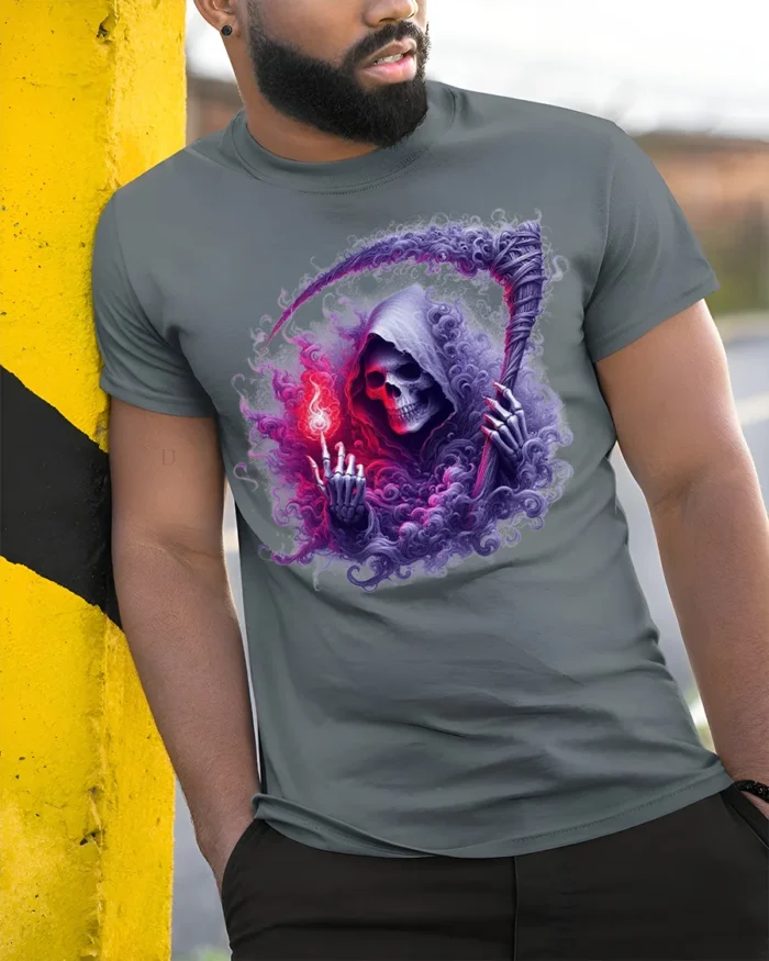 Grim Reaper Flame Skull T-Shirt Gothic Horror Tee Art - model in grey shirt leaning against column