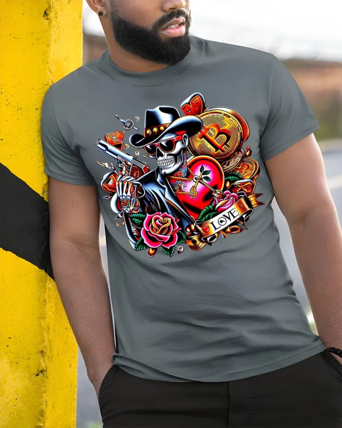 Crypto Cowboy Skeleton T-Shirt Tattoo Style Bitcoin - model in grey shirt leaning against column
