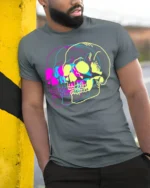 Psychedelic Skull Vibes Graphic T-Shirt for Men - model in grey shirt leaning against column