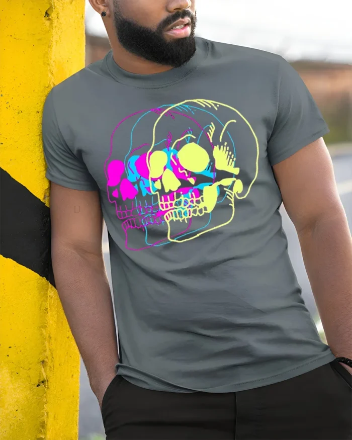 Psychedelic Skull Vibes Graphic T-Shirt for Men - model in grey shirt leaning against column