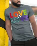 Love Is Love Pride T-Shirt LGBTQ Equality Statement - model in grey shirt leaning against column