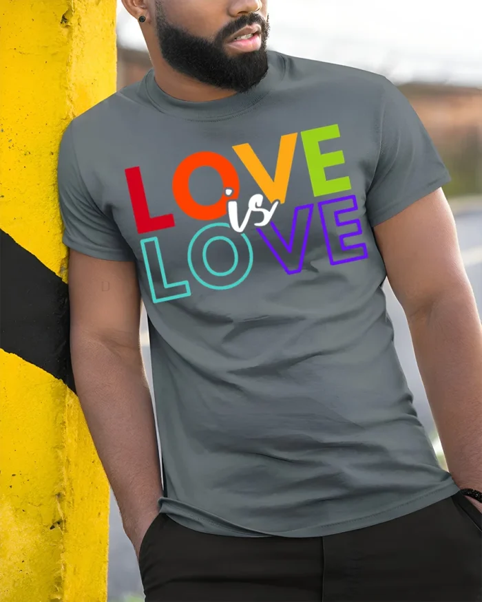 Love Is Love Pride T-Shirt LGBTQ Equality Statement - model in grey shirt leaning against column