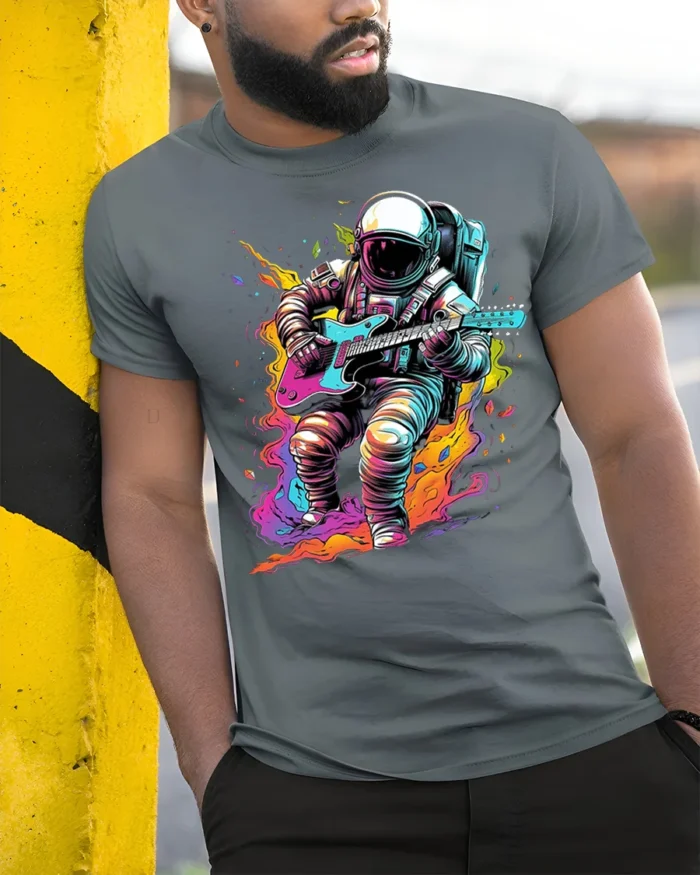 Astronaut Guitar Blast T-Shirt Space Rock Style - model in grey shirt leaning against column