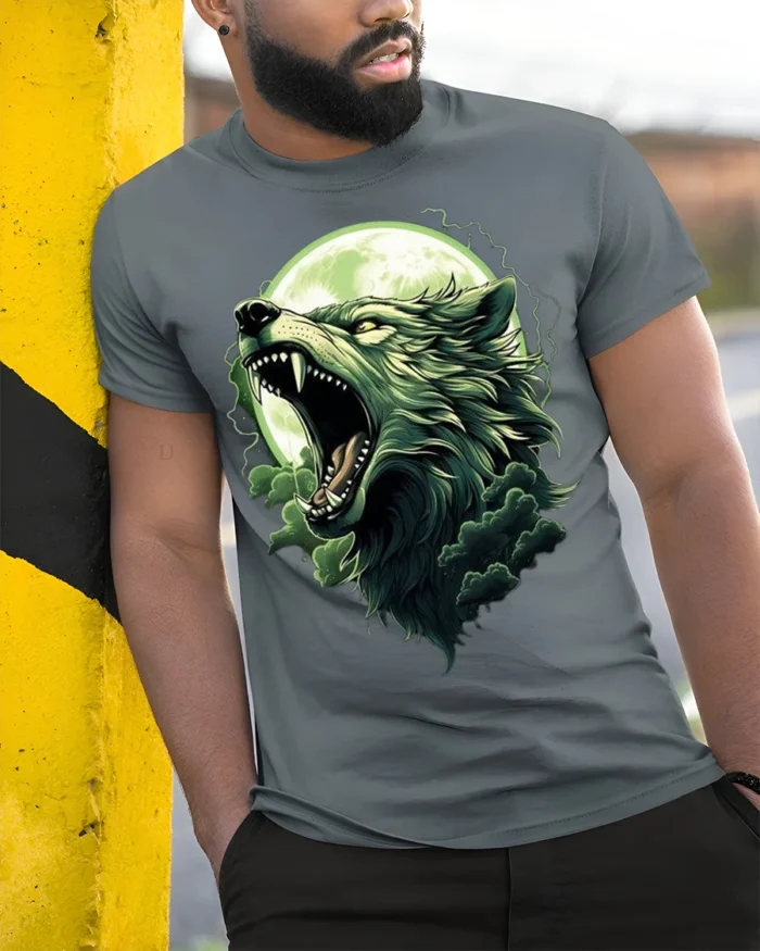 Howling Wolf Moon T-Shirt Wild Nature Spirit - model in grey shirt leaning against column