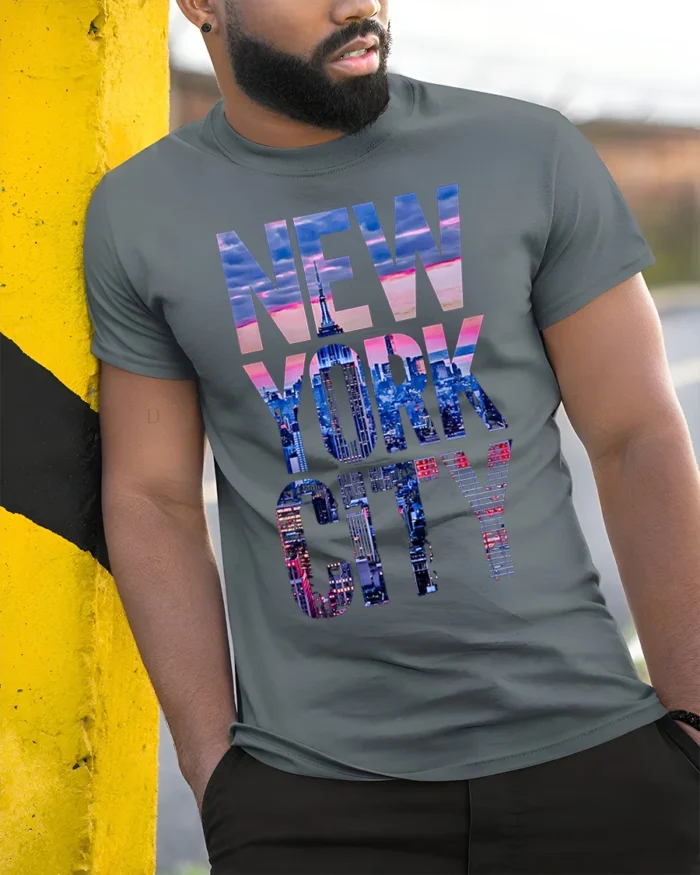 New York City Skyline T-Shirt Urban Streetwear - model in grey shirt leaning against column