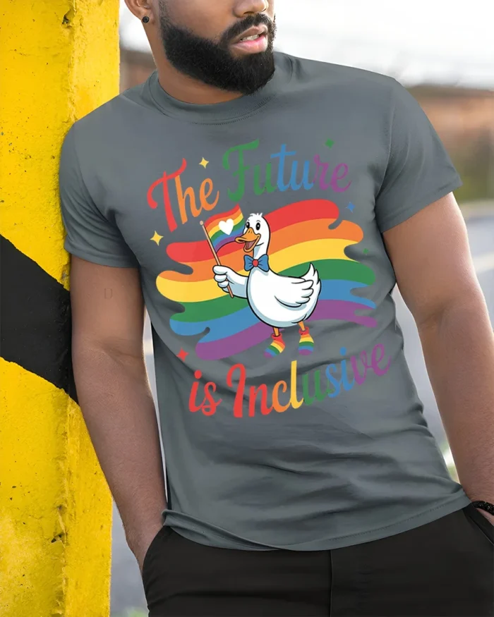 The Future Is Inclusive T-Shirt Pride Duck - model in grey shirt leaning against column
