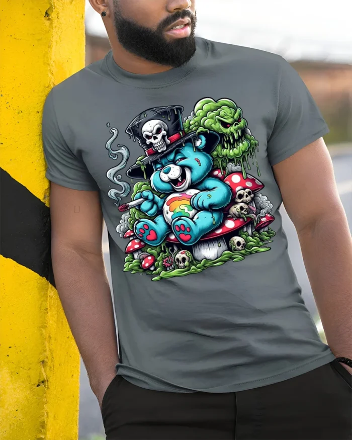 Trippy Bear Skull T-Shirt Psychedelic Dark Humor - model in grey shirt leaning against column