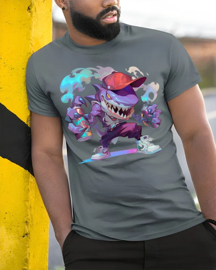 Street Shark Graffiti T-Shirt Urban Cartoon Style Tee - model in grey shirt leaning against column