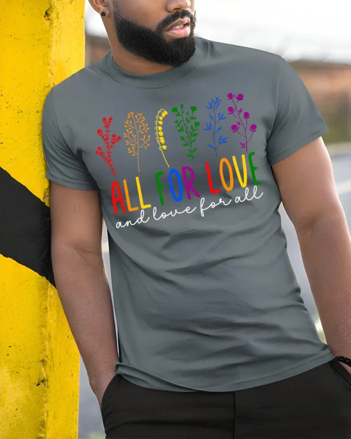 All For Love T-Shirt LGBTQ Pride Rainbow Floral - model in grey shirt leaning against column