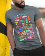 Colorful Music Instruments T-Shirt Fun Retro Music - model in grey shirt leaning against column