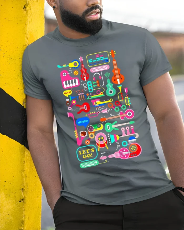 Colorful Music Instruments T-Shirt Fun Retro Music - model in grey shirt leaning against column