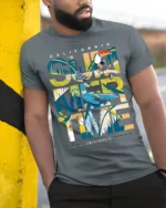 California Summertime T-Shirt Tropical Beach Paradise - model in grey shirt leaning against column
