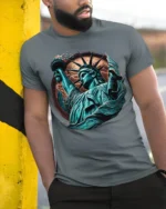 Statue of Liberty T-Shirt Bold American Freedom Graphic - model in grey shirt leaning against column