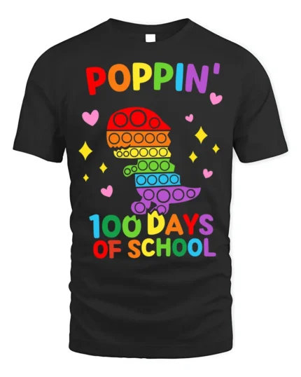 Colorful Dino Pop It 100 Days School T-Shirt - black t-shirt on white background