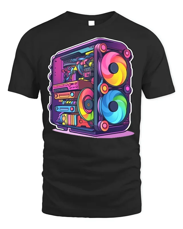 RGB Gaming PC T-Shirt for Tech Geeks and Gamers - black t-shirt on white background