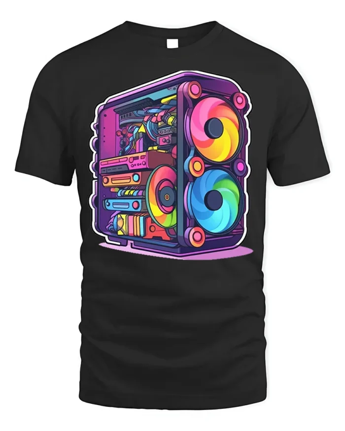 RGB Gaming PC T-Shirt for Tech Geeks and Gamers - black t-shirt on white background