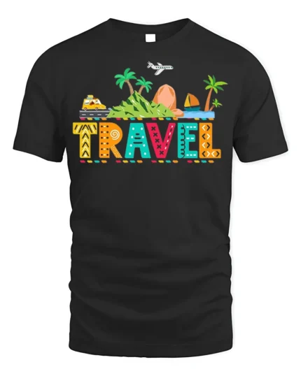 Colorful Travel Adventure T-Shirt for Vacation Lovers - black t-shirt on white background