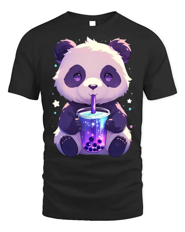 Cute Panda Boba Tea T-Shirt for Bubble Tea Lovers - black t-shirt on white background