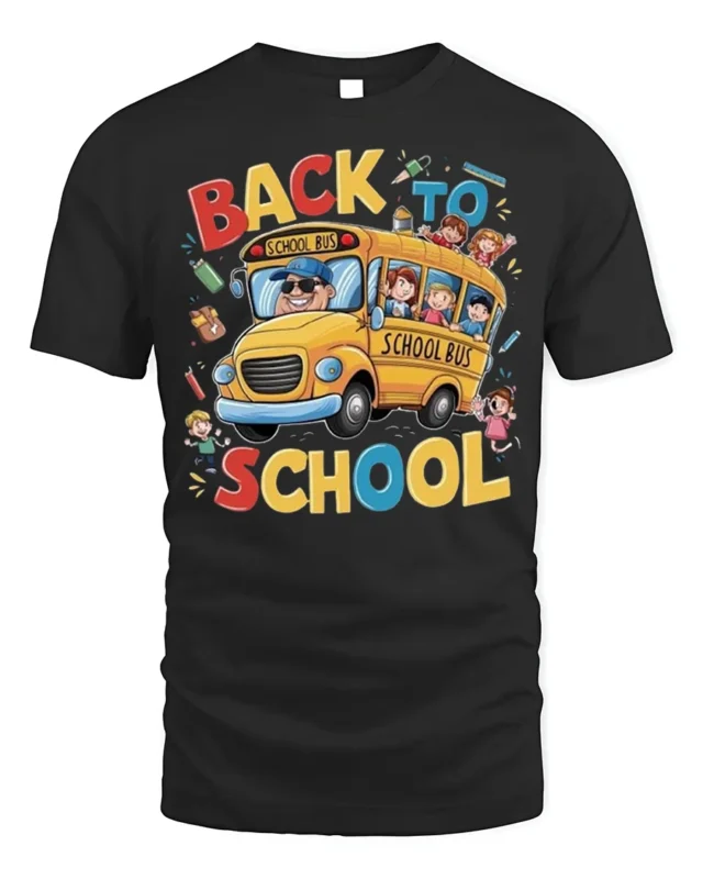 Back to School T-Shirt with Fun Yellow School Bus Print - black t-shirt on white background