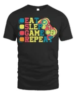Eat Sleep Game Repeat T-Shirt for Video Game Lovers - black t-shirt on white background