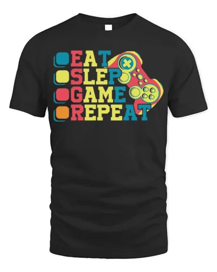 Eat Sleep Game Repeat T-Shirt for Video Game Lovers - black t-shirt on white background