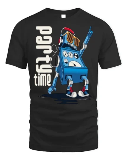 Party Time Robot T-Shirt for Fun Dance Tech Fans - black t-shirt on white background