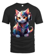 Colorful DJ Cat Headphones Graphic T-Shirt - black t-shirt on white background