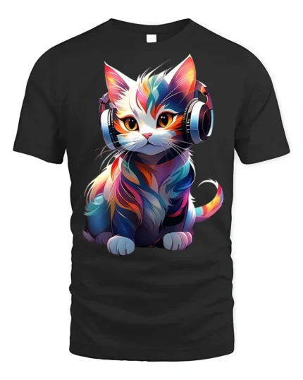 Colorful DJ Cat Headphones Graphic T-Shirt - black t-shirt on white background