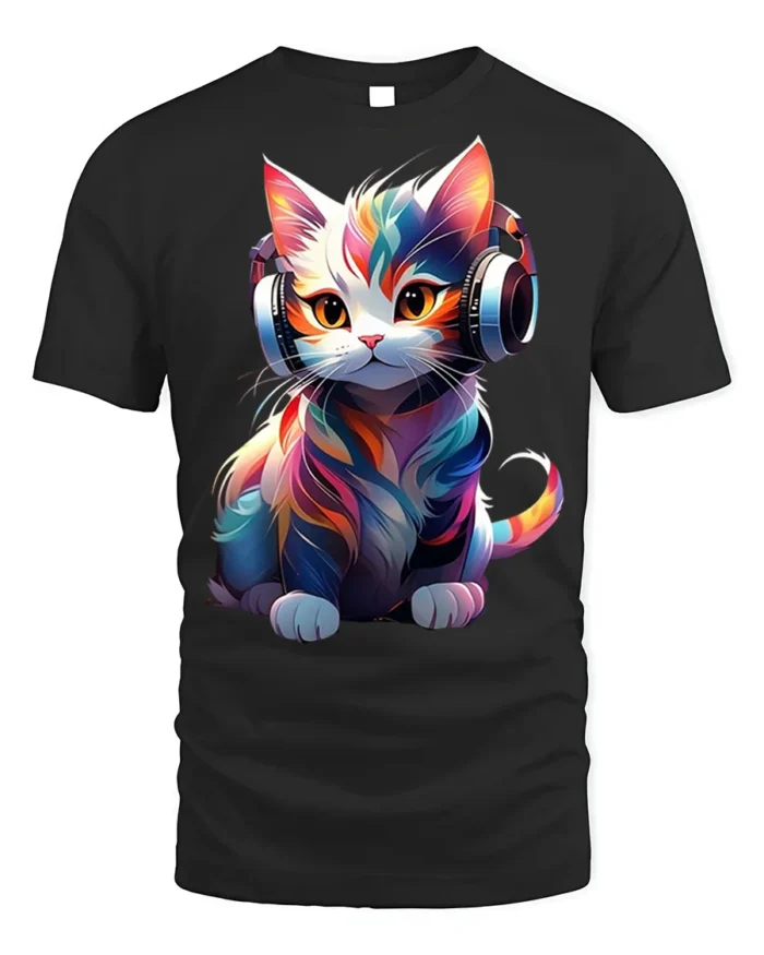 Colorful DJ Cat Headphones Graphic T-Shirt - black t-shirt on white background