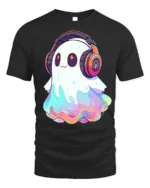 Kawaii DJ Ghost Headphones Halloween T-Shirt - black t-shirt on white background