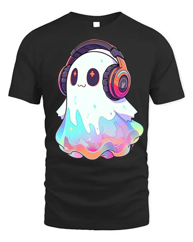 Kawaii DJ Ghost Headphones Halloween T-Shirt - black t-shirt on white background