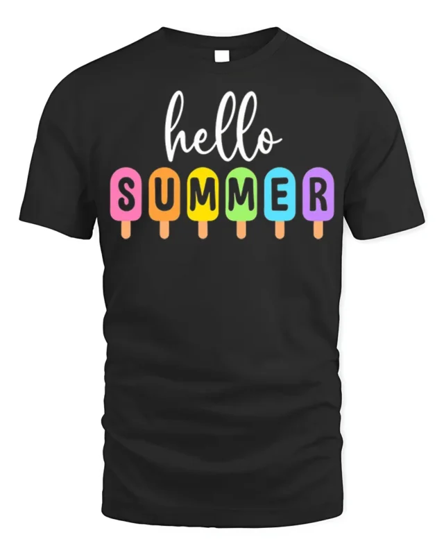 Hello Summer Colorful Popsicle Graphic T-Shirt - black t-shirt on white background
