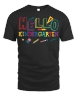 Hello Kindergarten Rainbow School Supplies T-Shirt - black t-shirt on white background