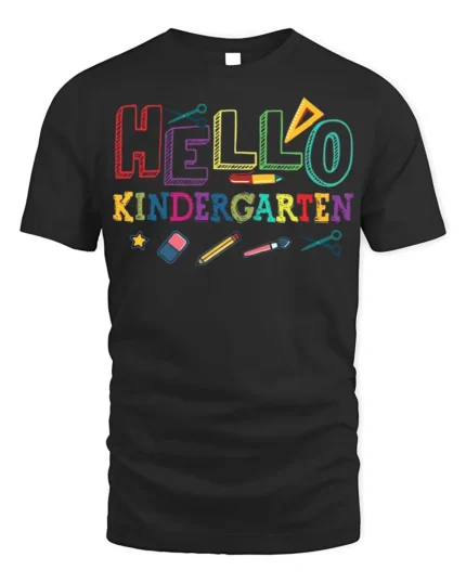 Hello Kindergarten Rainbow School Supplies T-Shirt - black t-shirt on white background