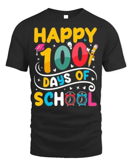 Happy 100 Days of School Fun Kids Celebration T-Shirt - black t-shirt on white background