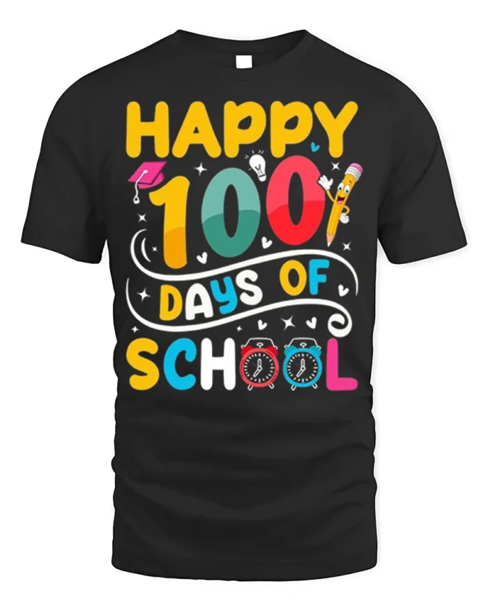 Happy 100 Days of School Fun Kids Celebration T-Shirt - black t-shirt on white background