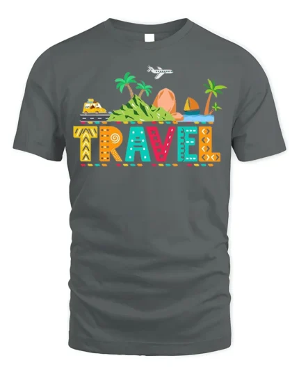 Colorful Travel Adventure T-Shirt for Vacation Lovers - gray t-shirt on white background