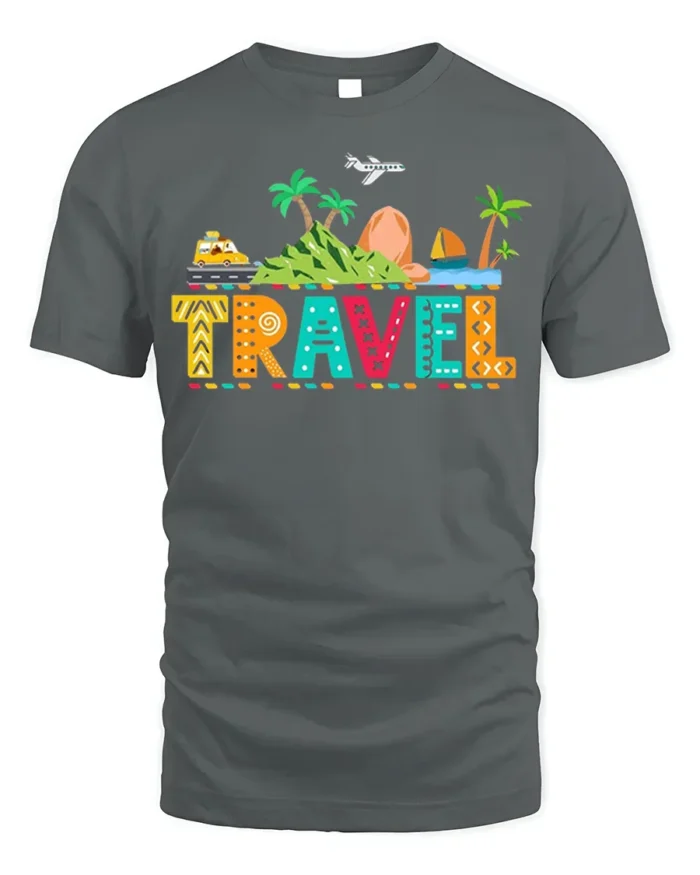 Colorful Travel Adventure T-Shirt for Vacation Lovers - gray t-shirt on white background